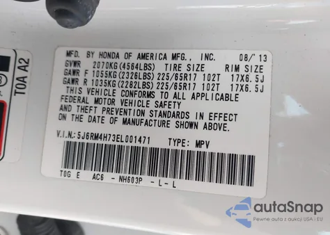 2014 Honda Cr-V Ex-L from USA, damaged, VIN 5J6RM4H73EL001471